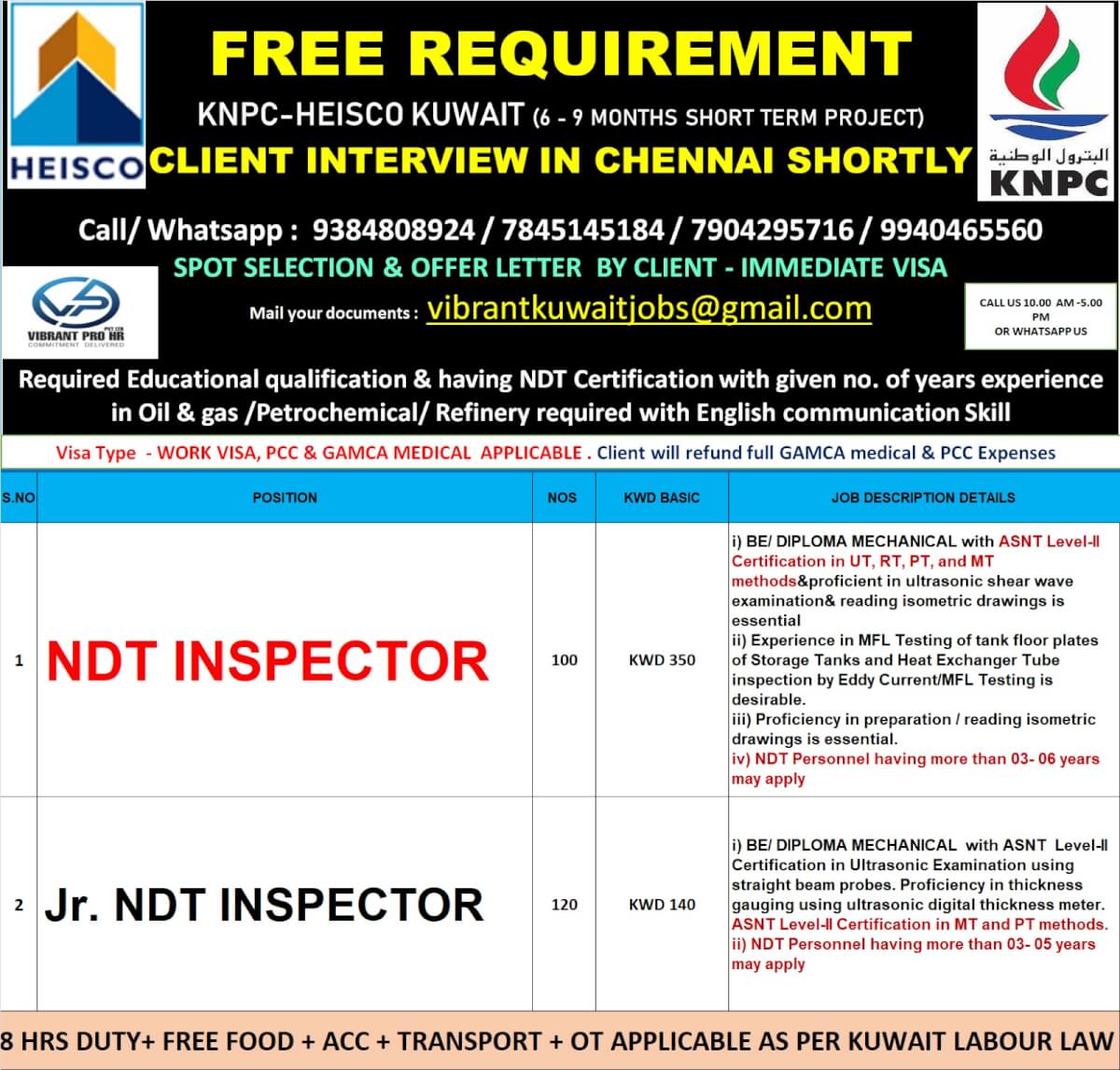 FREE REQUIREMENT KNPC-HEISCO KUWAIT (6 - 9 MONTHS SHORT TERM PROJECT) CLIENT INTERVIEW IN CHENNAI SHORTLY