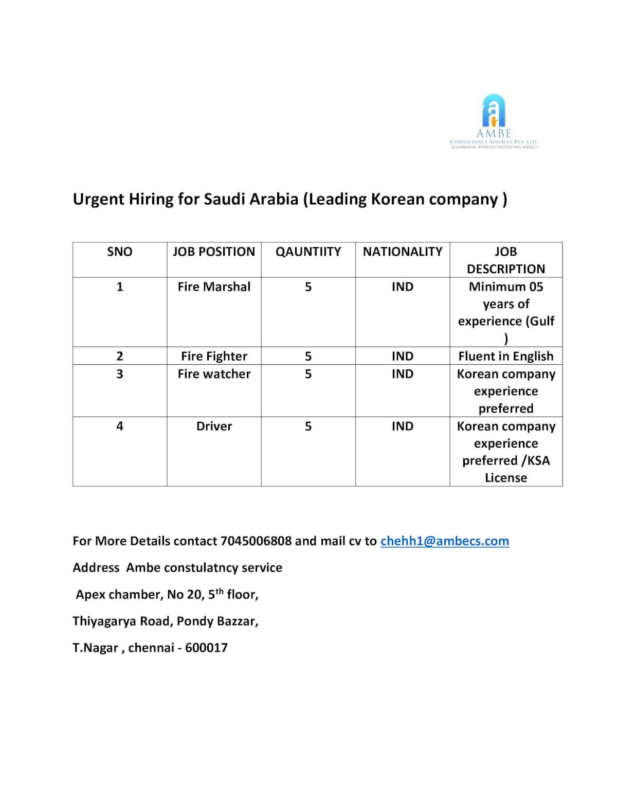 Urgent Hirng for Saudi