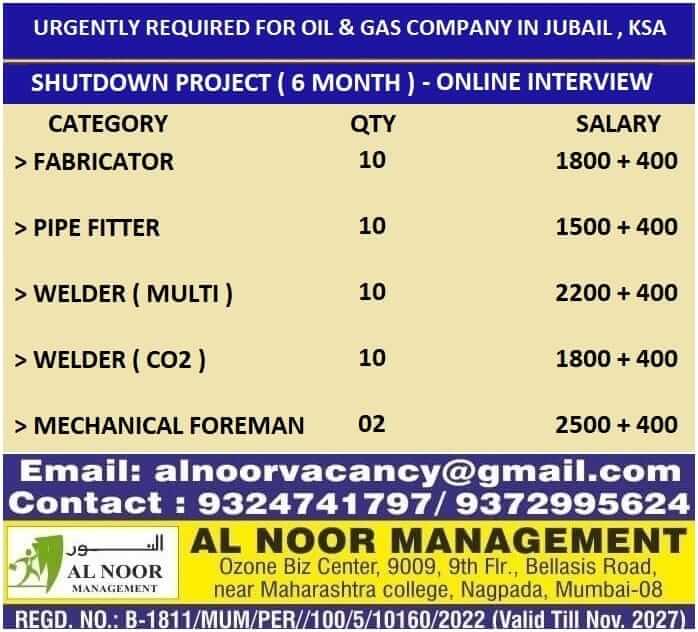 URGENTLY REQUIRED FOR OIL & GAS COMPANY IN JUBAIL , KSA