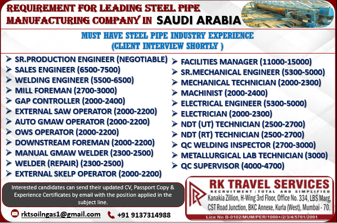 REQUIREMENT FOR LEADING STEEL PIPE MANUFACTURING COMPANY IN SAUDI ARABIA