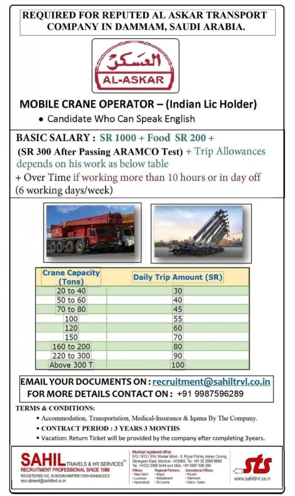 Uargently Required Fresh Mobile Crane Operator in Dammam , Saudi Arabia