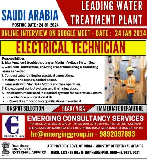 URGENTLY REQUIRED FOR WATER TREATMENT PLANT - RIYADH - SAUDI ARABIA - ONLINE INTERVIEW - 24-JAN-2024