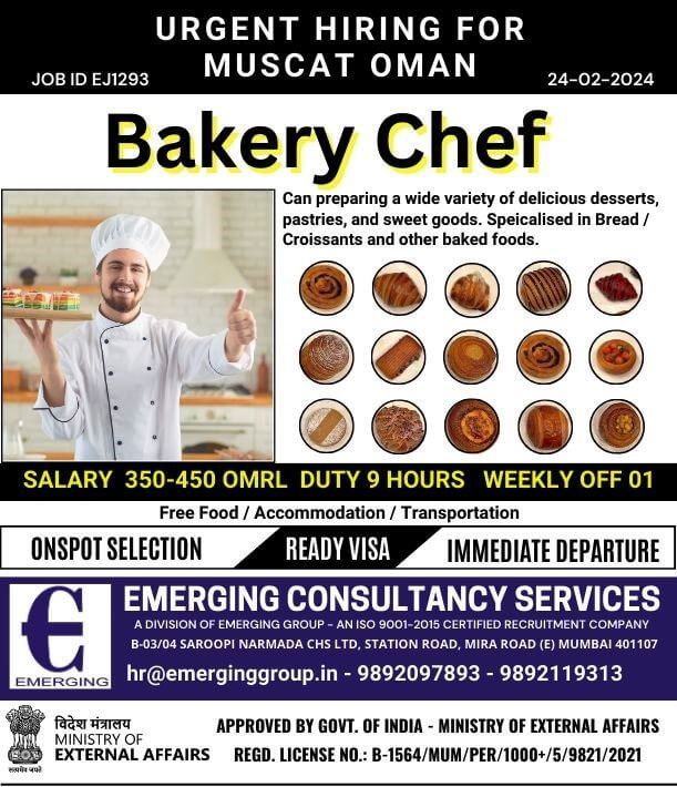 URGENTLY REQUIRED BAKERY CHEF FOR LEADING COMPANY IN OMAN