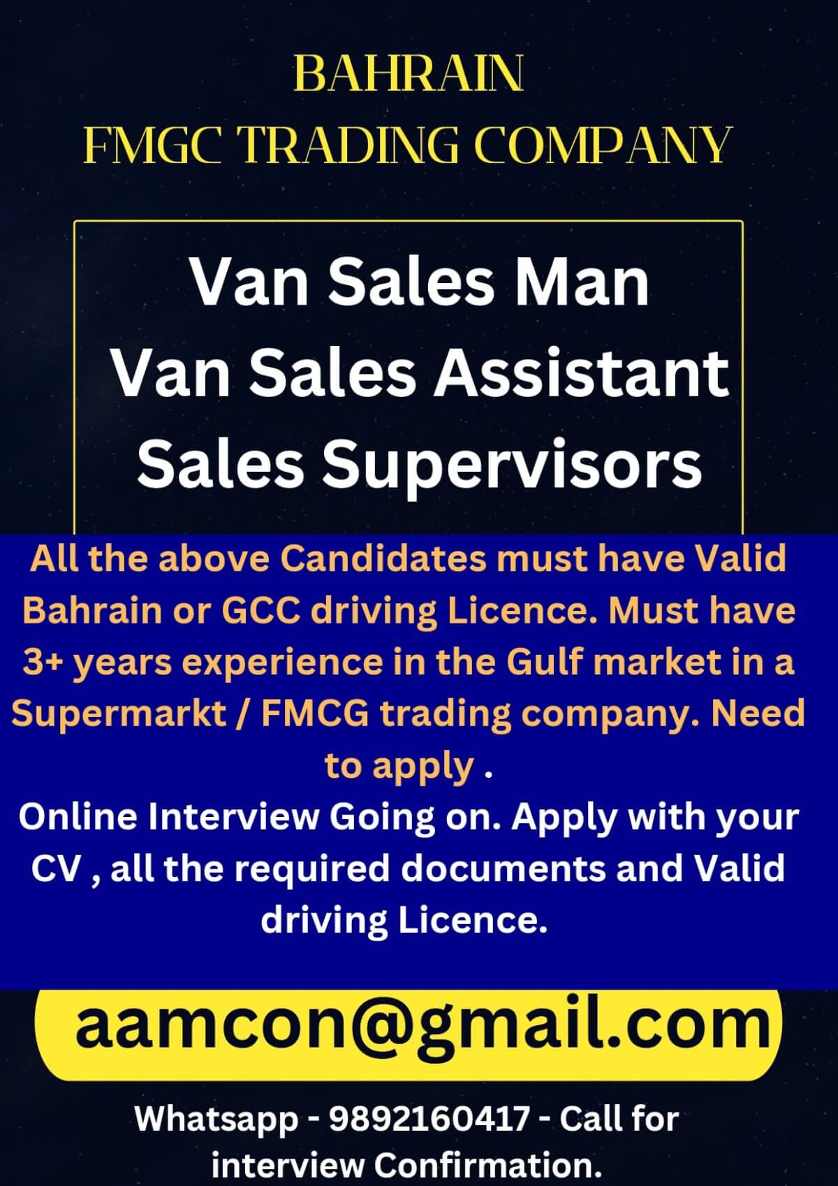 Van sales man required for Bahrain