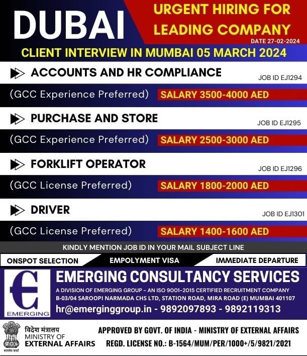 URGENTLY REQUIRED MENTION BELOW POSITIONS FOR LEADING COMPANY IN DUBAI