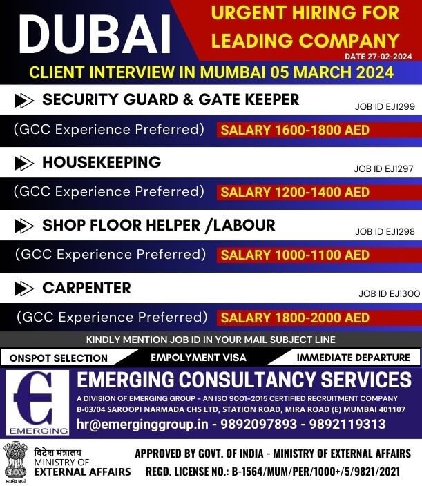 URGENTLY REQUIRED FOR LEADING COMPANY IN DUBAI