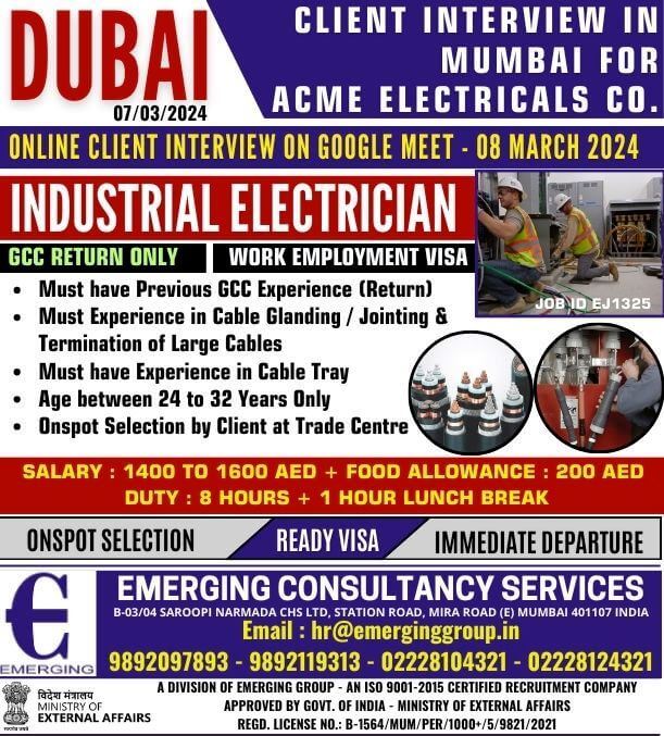 Industrial Electrician (Return) - Client Interview On Google Meet for Dubai's Electrical Company