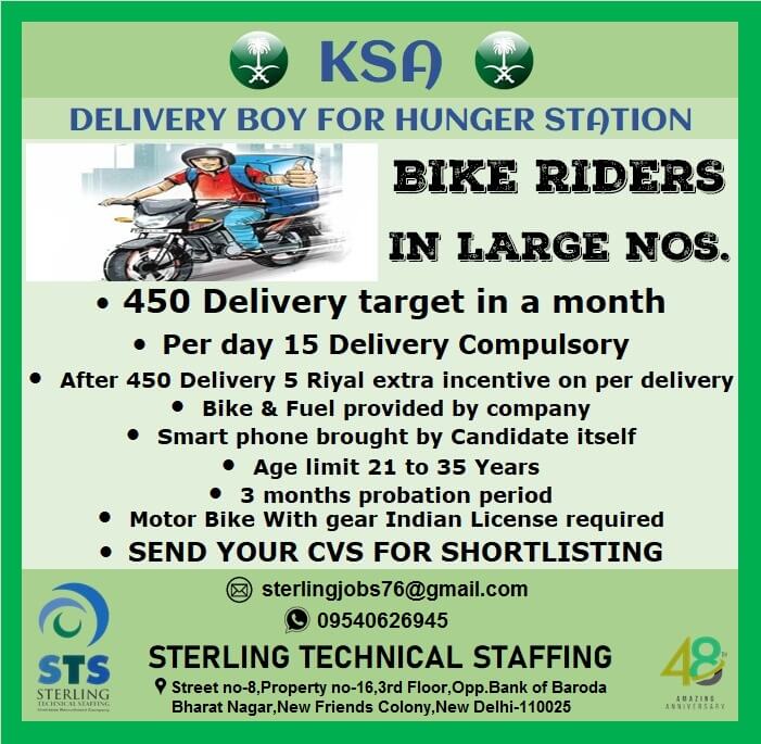 DELIVERY BOYS REQUIRED FOR HUNGER STATION IN SAUDI ARABIA