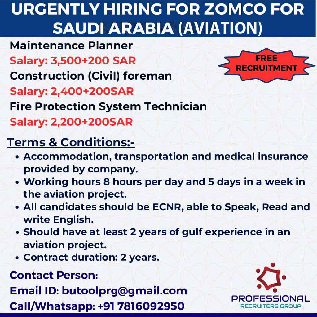 Urgently required for Zamil (KSA) - FREE RECRUITMENT