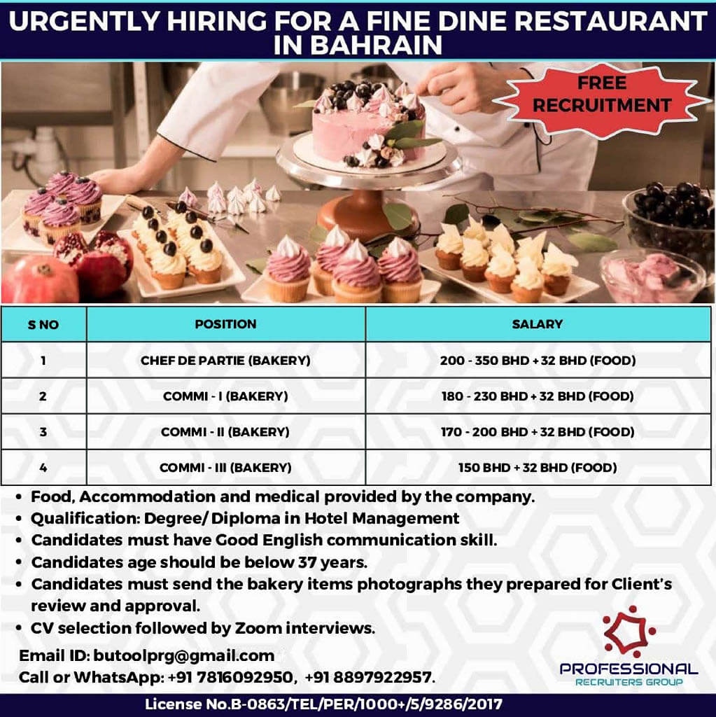 URGENTLY REQUIRED CHEF's FOR BAHRAIN (FREE RECRUITMENT)