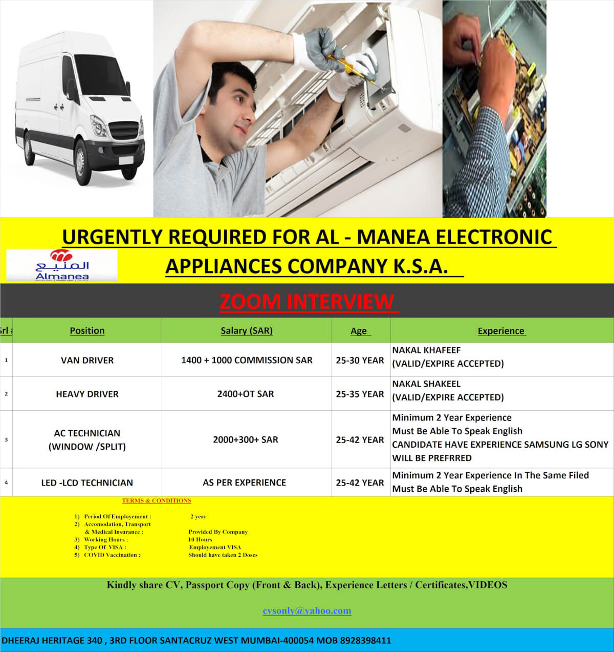 URGENTLY REQUIRED FOR AL MANEA COMPANY DAMMAM K.S.A.