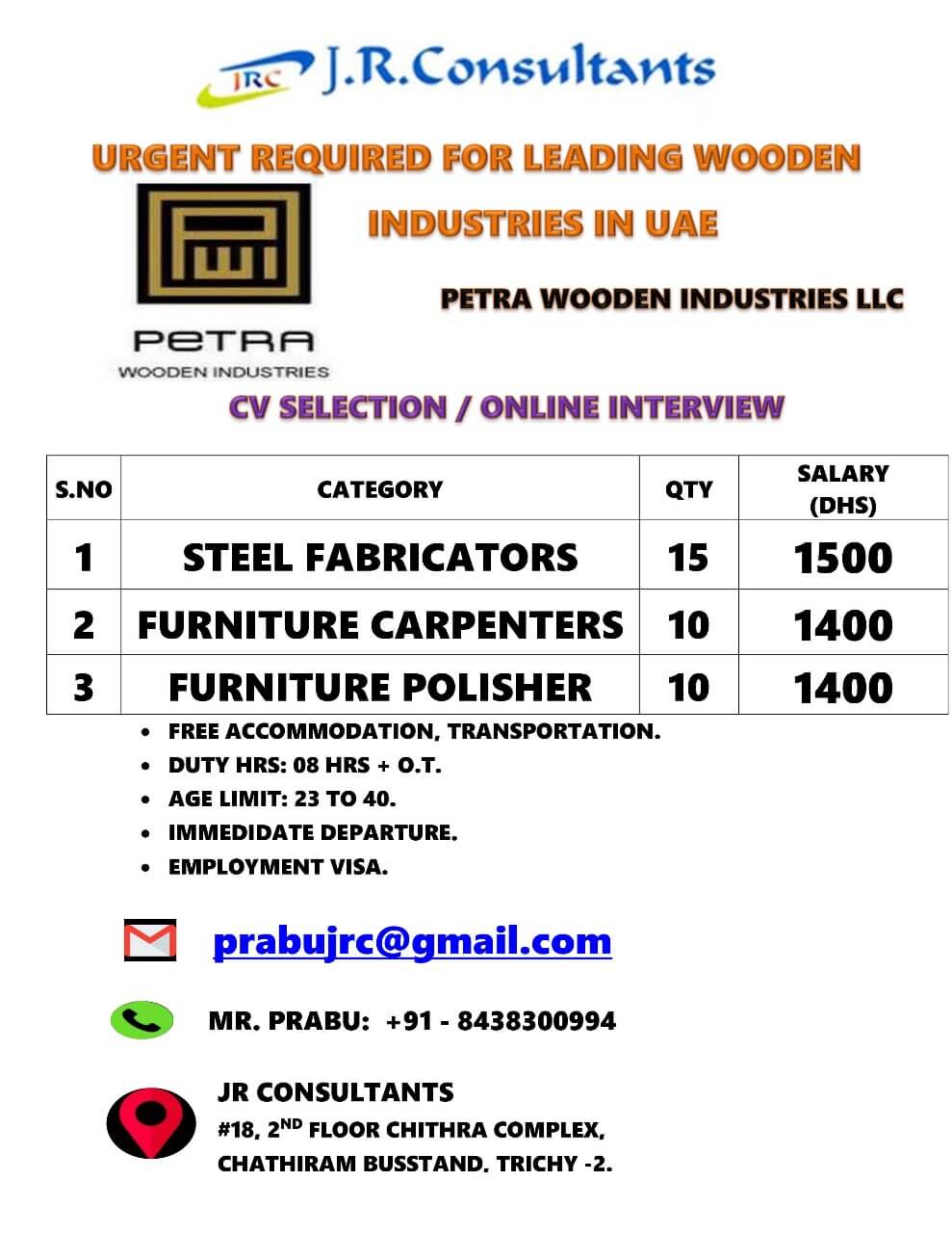 A URGENT REQUIREMENT FOR  A LEADING WOODERN FURNITURE MANUFACTURING COMPANY- DUBAI