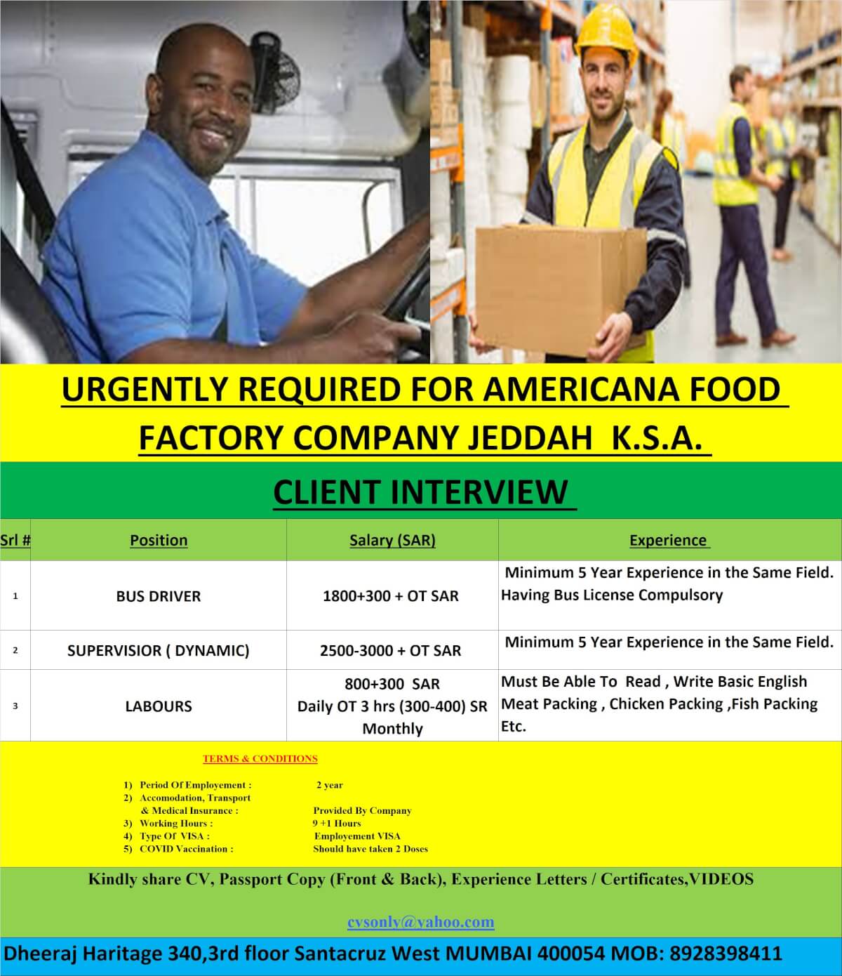 URGENTLY REQUIRED FOR AMERICANA FOOD FACTORY COMPANY JEDDAH K.S.A.