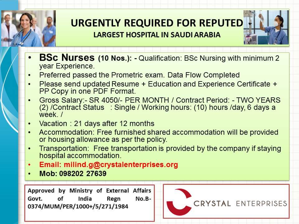 URGENTLY REQUIRED FOR REPUTED LARGEST HOSPITAL IN  SAUDI ARABIA