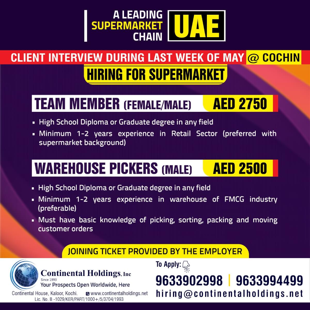 Hiring for a Supermaket Chain in UAE - Direct Client Interview at Cochin - Last Week of May
