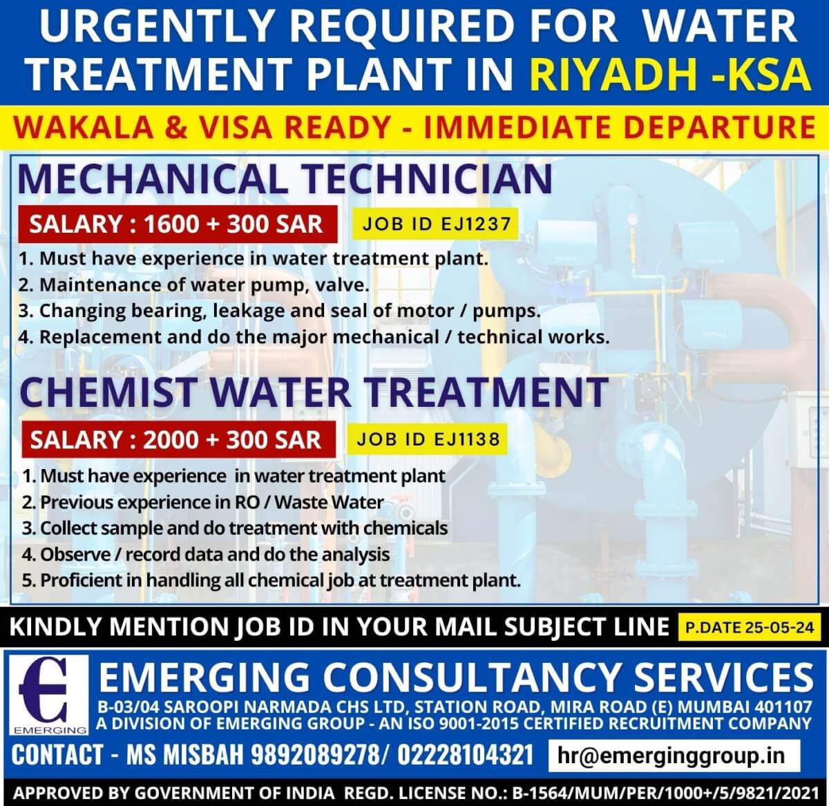 URGENTLY REQUIRED FOR  WATER TREATMENT PLANT IN RIYADH -KSA