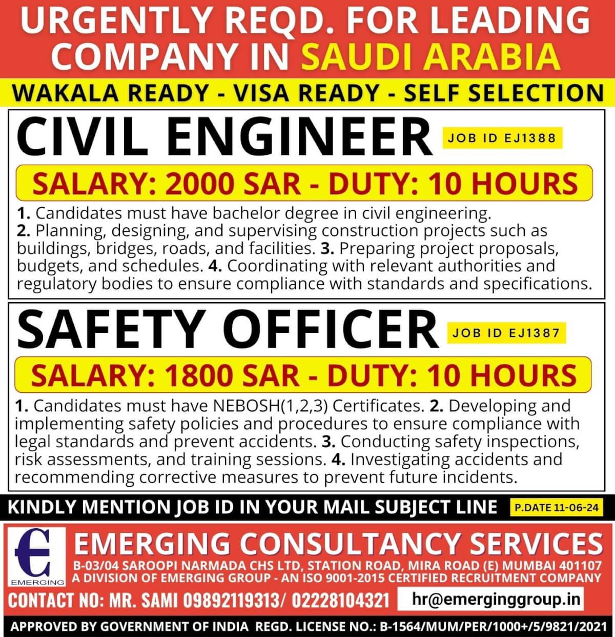 URGENTLY REQUIRED LEADING COMPANY IN SAUDI ARABIA - SELF SELECTION  - WAKALA READY - VISA READY