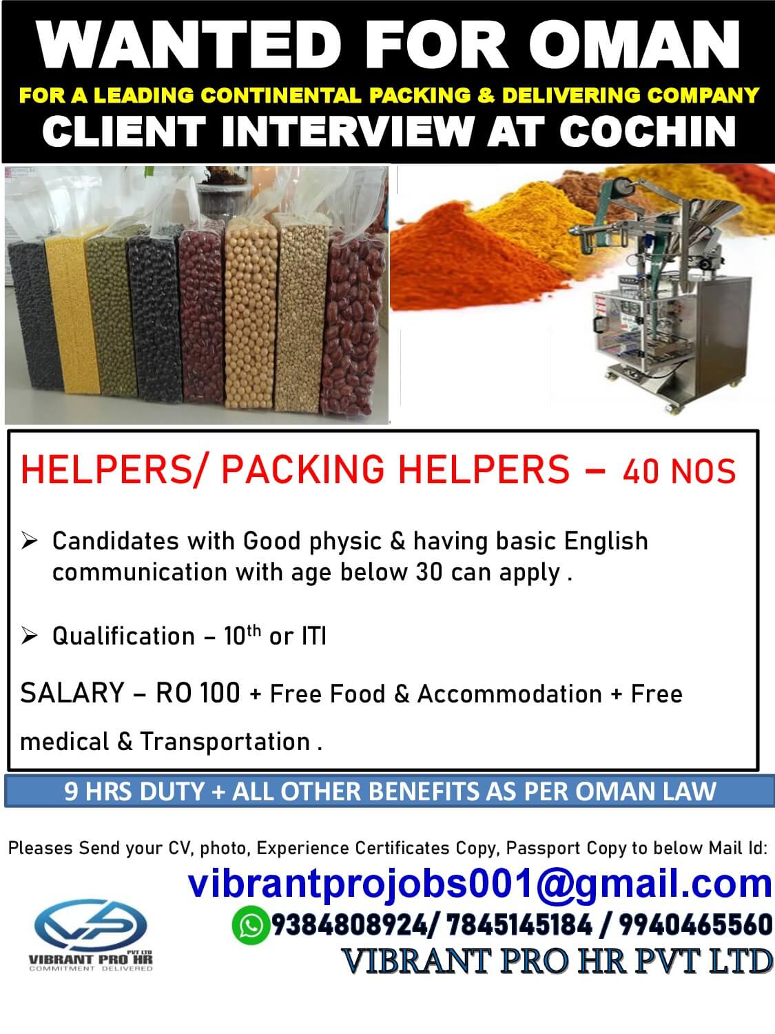 WANTED FOR OMAN- FOR A LEADING CONTINENTAL PACKING & DELIVERING COMPANY- CLIENT INTERVIEW AT COCHIN
