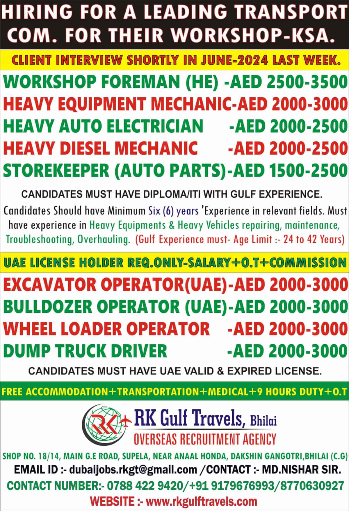HIRING FOR A LEADING TRANSPORT COMPANY - ABU DHABI (UAE)