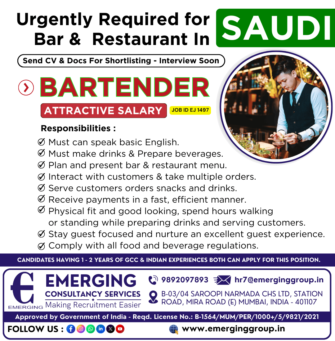 Urgently Required for Bar &  Restaurant in Saudi Arabia