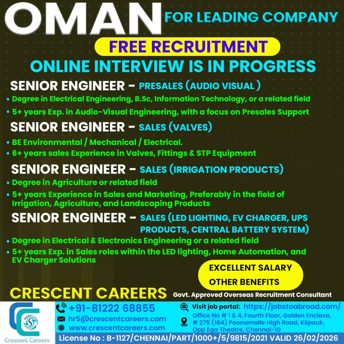 SENIOR ENGINEER IN Presales (Audio Visual ) / Sales (Valves) / Sales (Irrigation Products) / Sales (LED Lighting, EV Charger, UPS Products, Central Battery System)