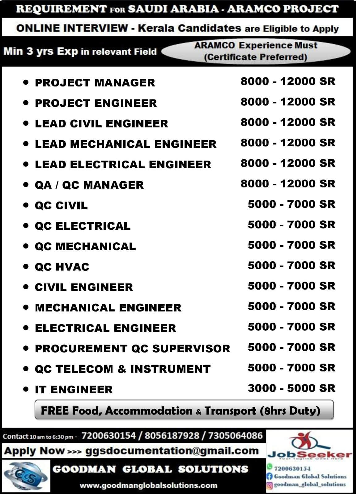 URGENT REQUIREMENT FOR SAUDI ARABIA – ARAMCO PROJECT  - ONLINE INTERVIEW CV SHORTLISTING PROCESS IN CHENNAI KERALA Candidate can are Eligible to apply. Min 3 yrs Exp in Relevant Field ARAMCO EXP Must.