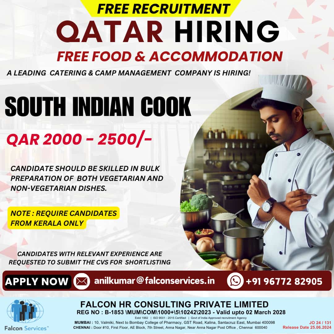SOUTH INDIAN COOKS REQUIREMENTS FOR QATAR - FREE RECRUITMENT