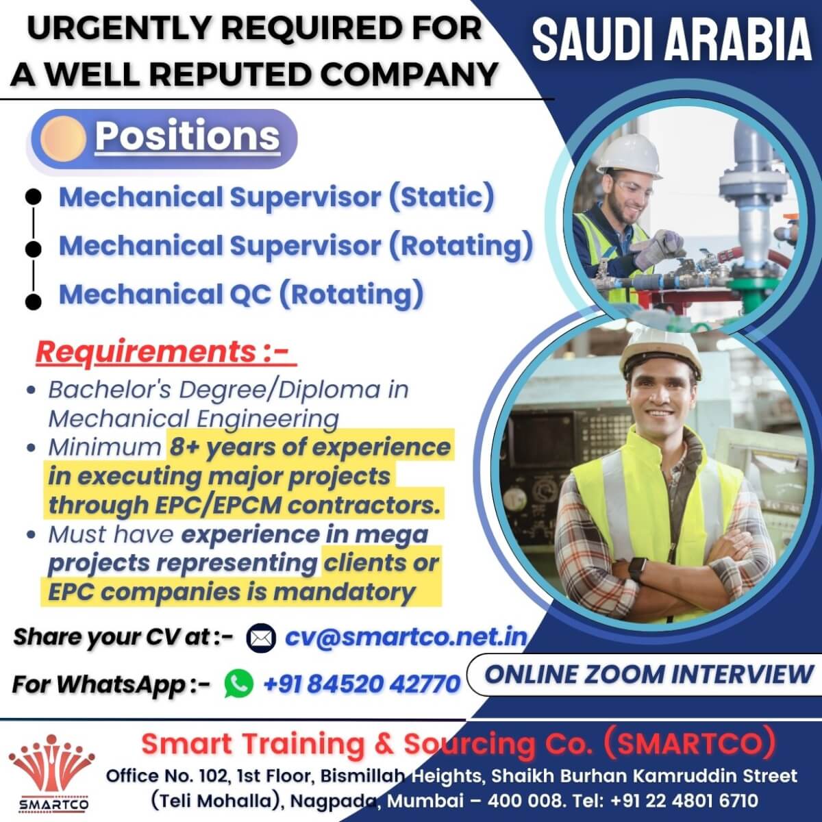 URGENTLY REQUIRED FOR SAUDI ARABIA A WELL REPUTED COMPANY