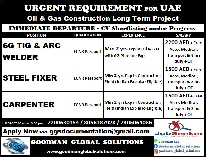 URGENT REQUIREMENT FOR DUBAI – OIL AND GAS Construction long term Project ONLINE INTERVIEW CV SHORTLISTING PROCESS IN CHENNAI - IMMEDIATE DEPARTURE