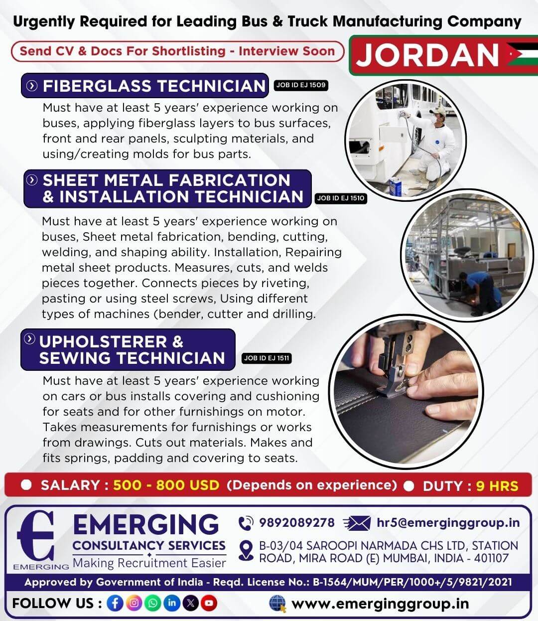 Urgently Required for Leading Bus & Truck Manufacturing Company in Jordan