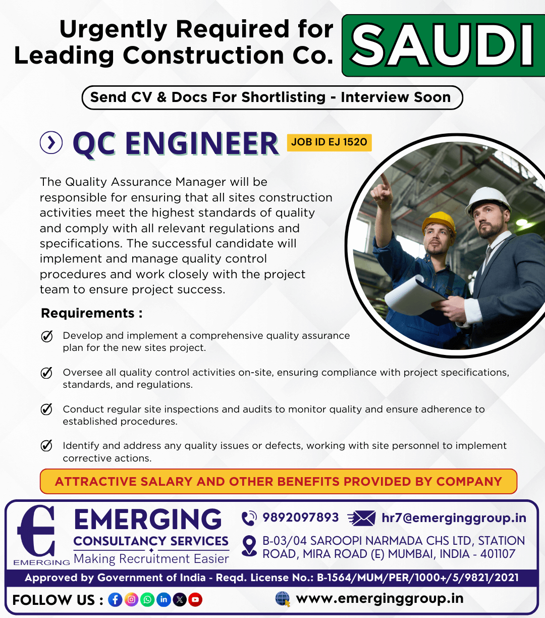 Urgently Required for Leading Construction Company in Saudi Arabia