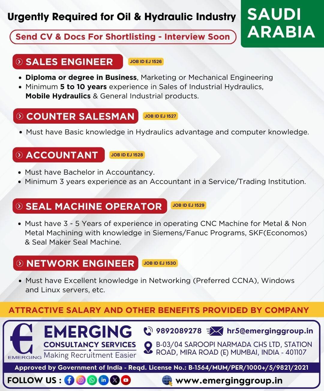 Urgently Required for Oil & Hydraulic Industry in Saudi Arabia