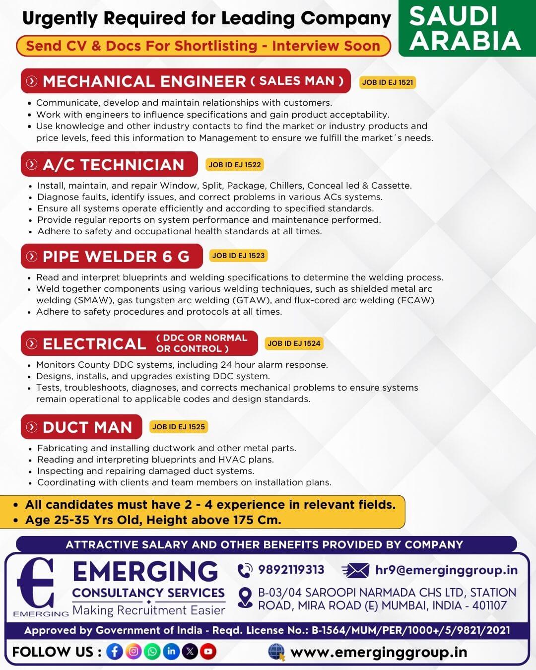 Urgently Required for Leading Company in Saudi Arabia