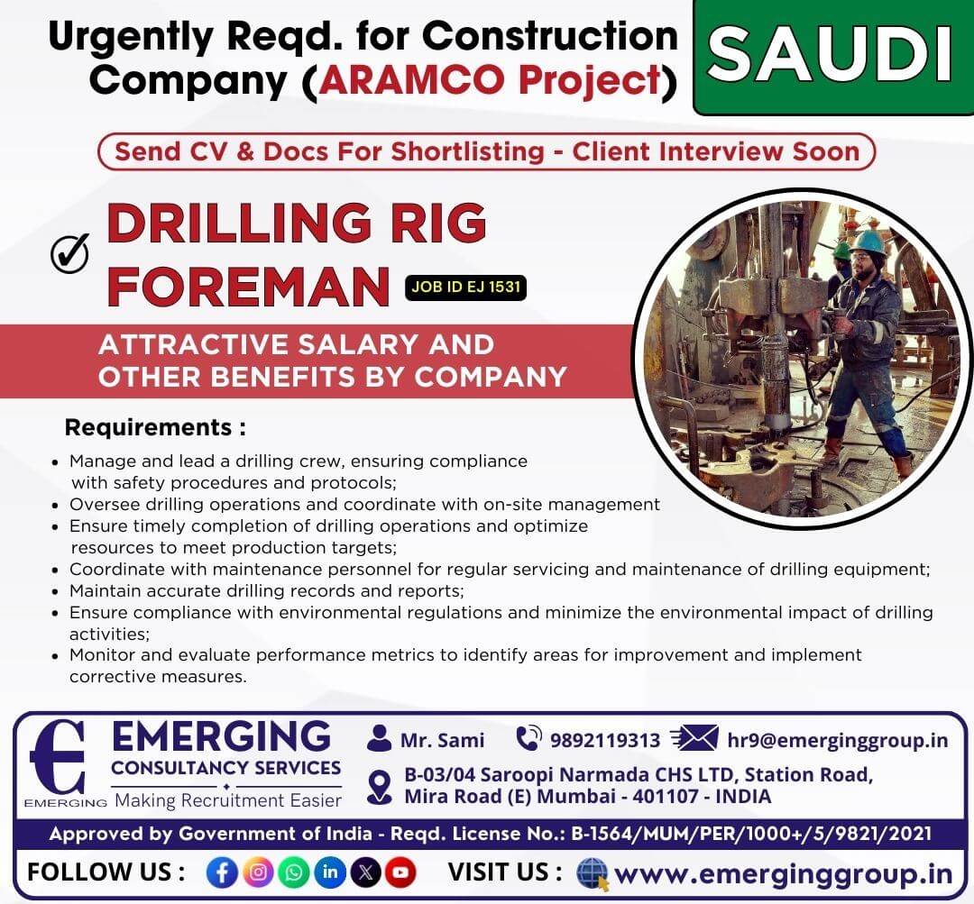 Urgently Required for Leading Construction Company in Saudi (ARAMCO Project)