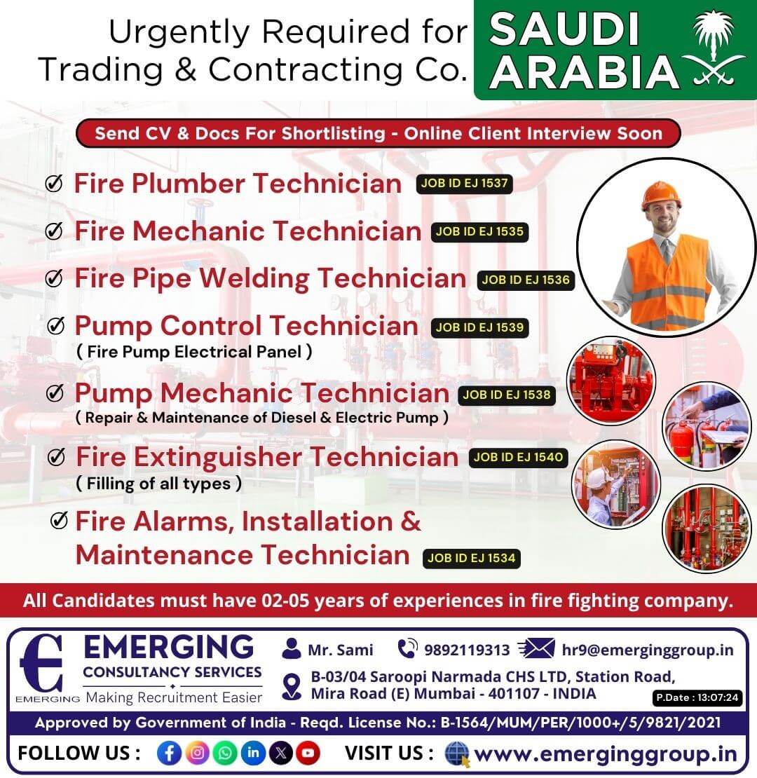 Urgently Required for Trading & Contracting Company in Saudi Arabia  (Fire Fighting Projects)