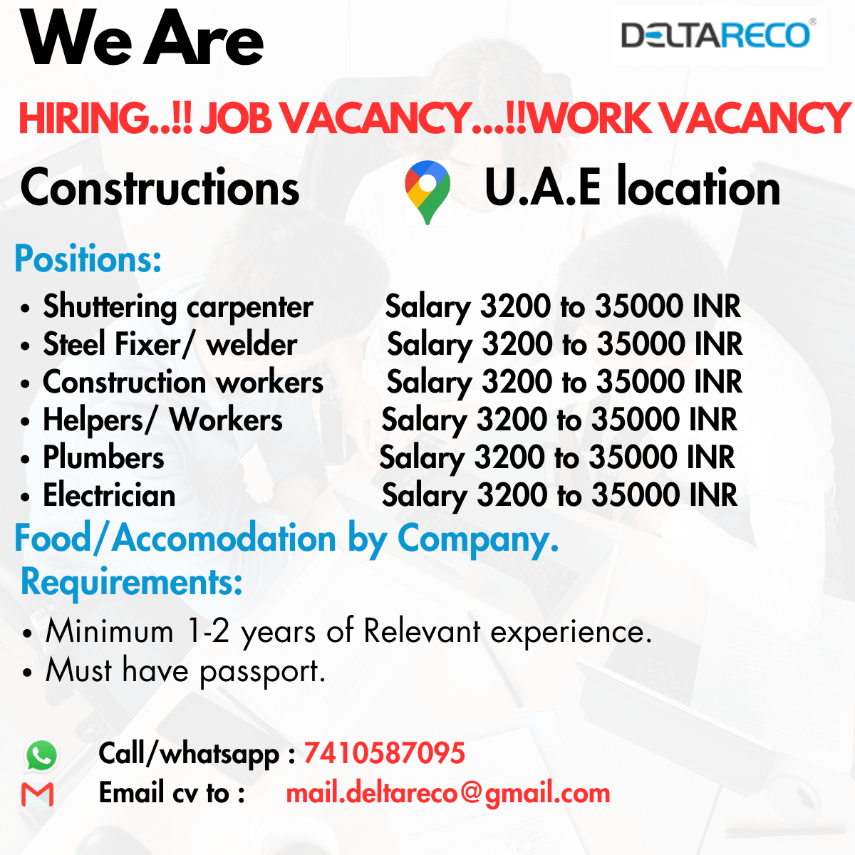 we are hiring Electrician/ shuttering carpenter/ masons/ steel worker/ welders/ Plumbers for UAE