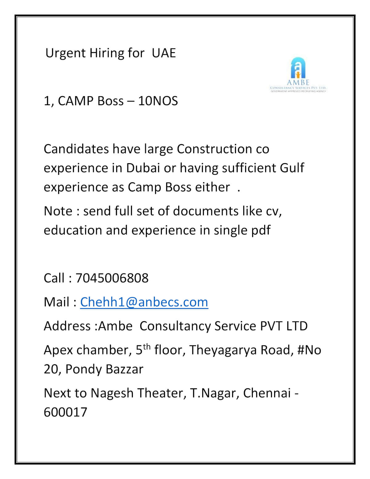 urgent hiring for dubai