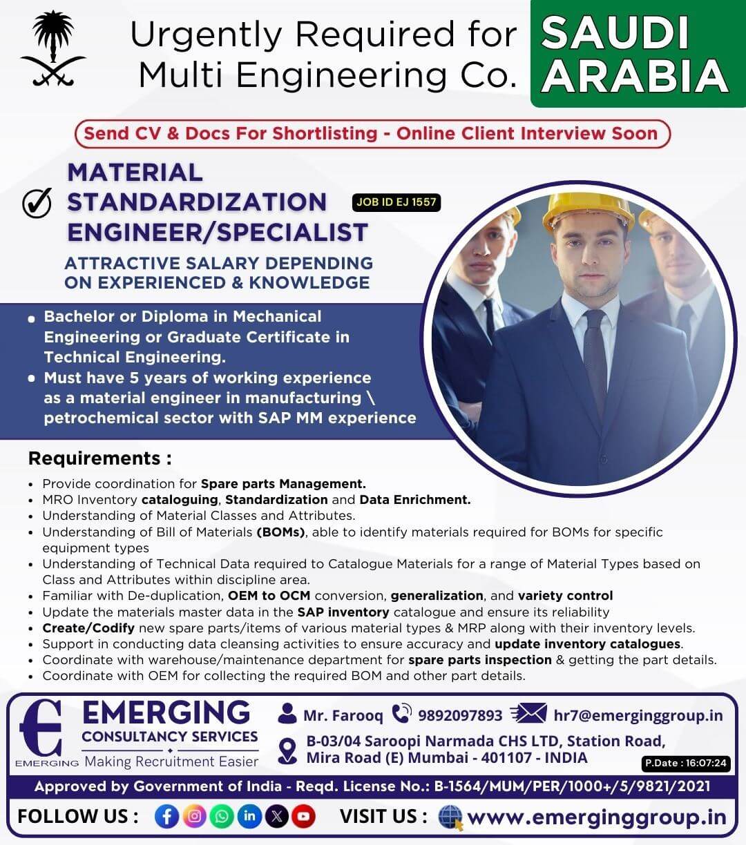 Urgently Required for Multi Engineering Company in Saudi Arabia - Interview Soon