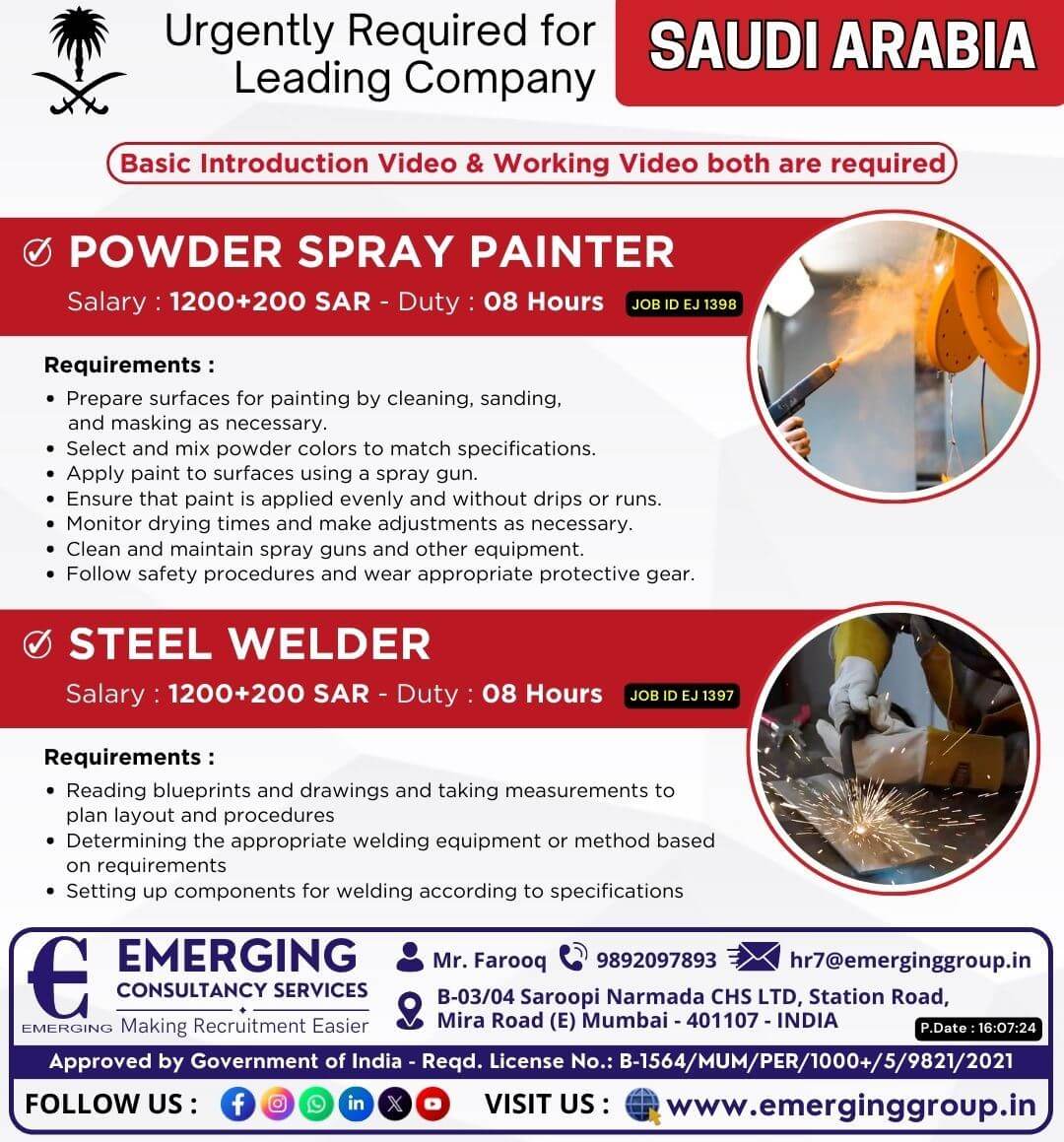 Urgently Required for Leading Company in Saudi Arabia - Video Required for selection