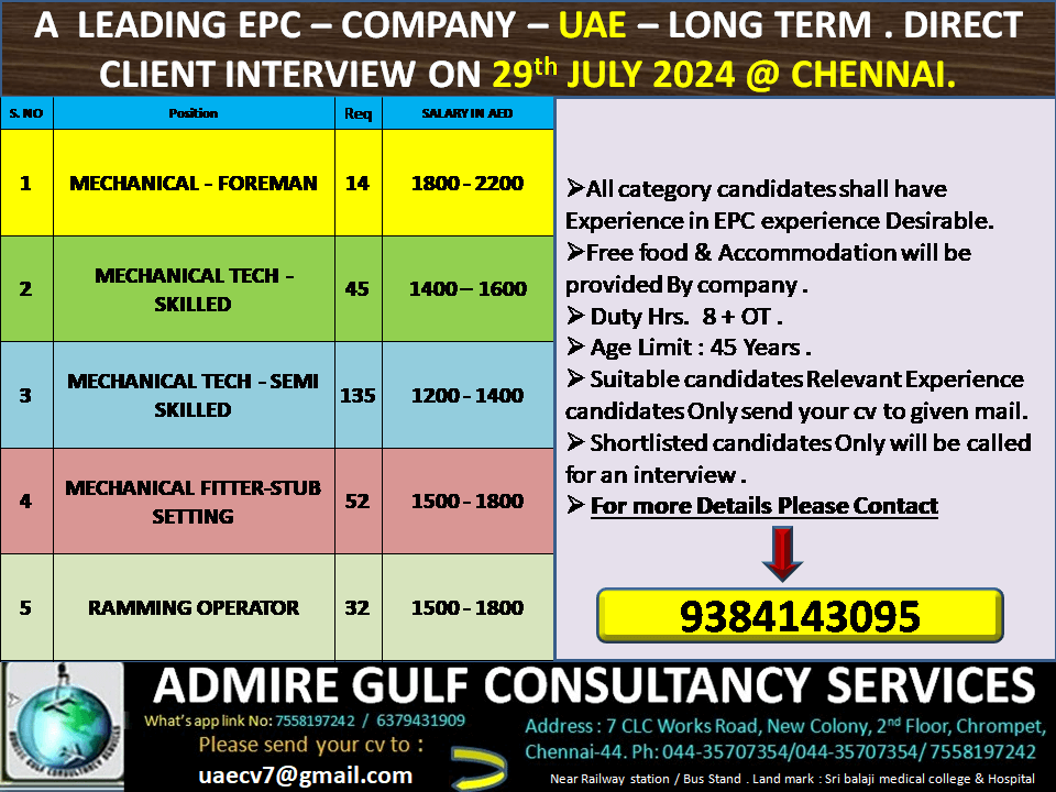 A  LEADING EPC - COMPANY -UAE . LONG TERM . DIRECT CLIENT INTERVIEW ON 29th JULY 2024 @ CHENNAI