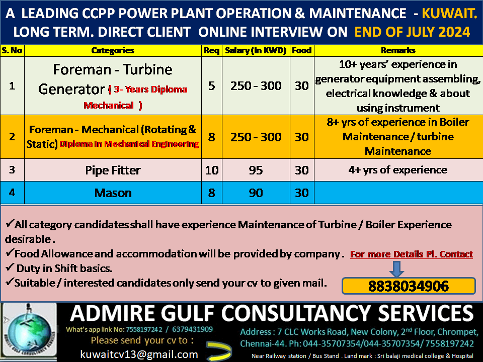 A  LEADING CCPP POWER PLANT MAINTENANCE DIVISION - KUWAIT. LONG TERM . DIRECT CLIENT ONLINE INTERVIEW ON LAST WEEK OF JULY 2024 @ CHENNAI