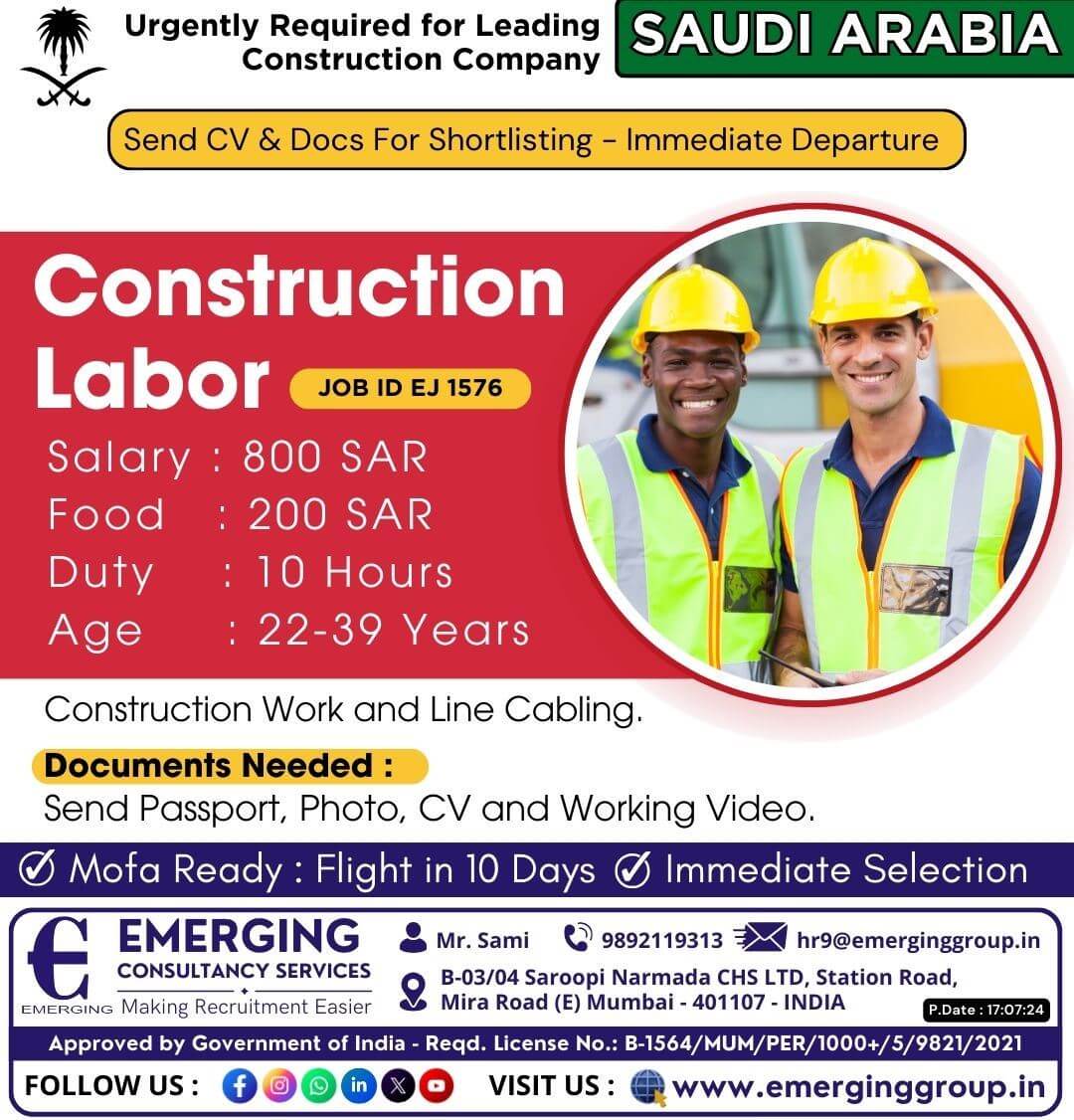 Urgently Required for leading Construction Company in Saudi Arabia