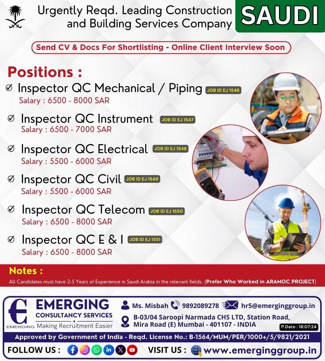 Urgently Required for Leading Construction and Building Services Company in Saudi Arabia