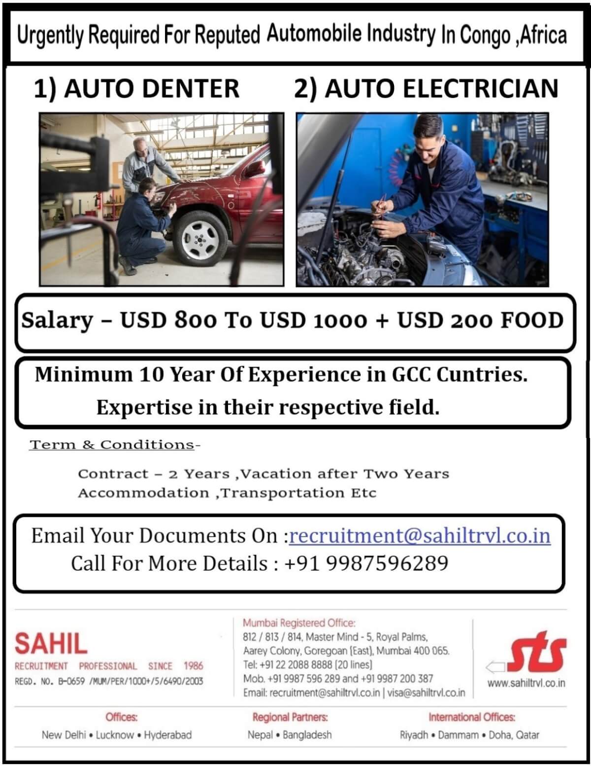 URGENTLY REQUIRED FOR REPUTED AUTOMOBILE INDUSTRY IN CONGO , AFRICA