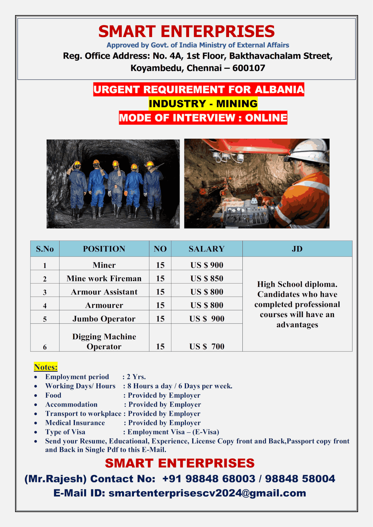 Miner / Mine work Fireman / Armour /Assistant Armourer /Jumbo Operator/ Digging Machine Operator
