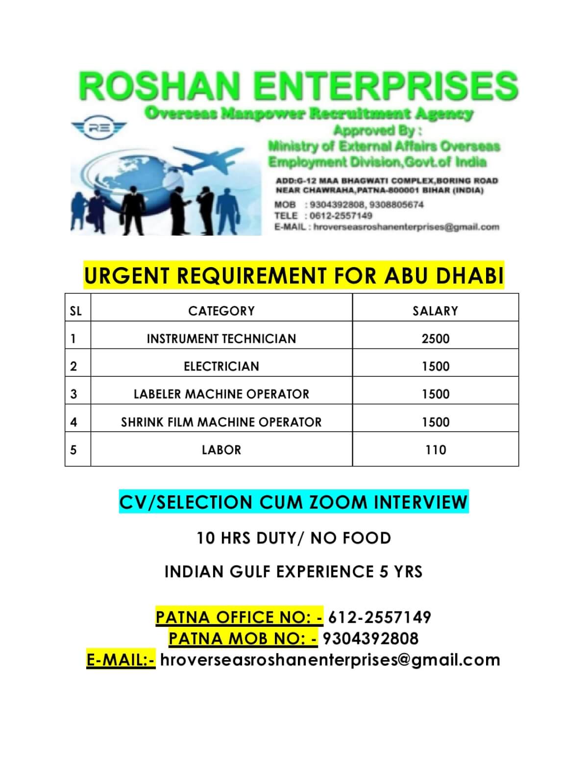 URGENT REQUIREMENT FOR ABU DHABI