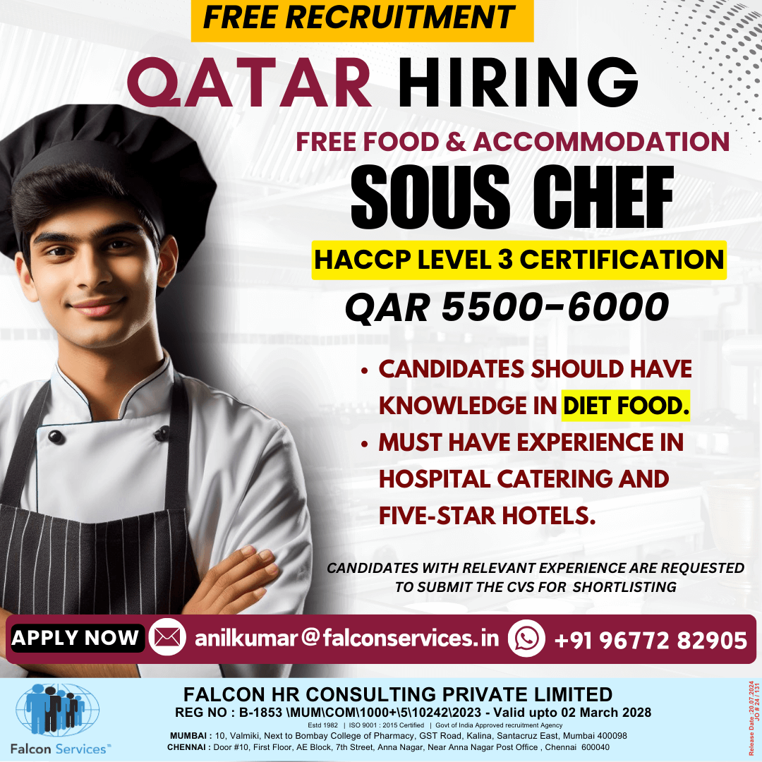 SOUS CHEF REQUIREMENTS FOR QATAR