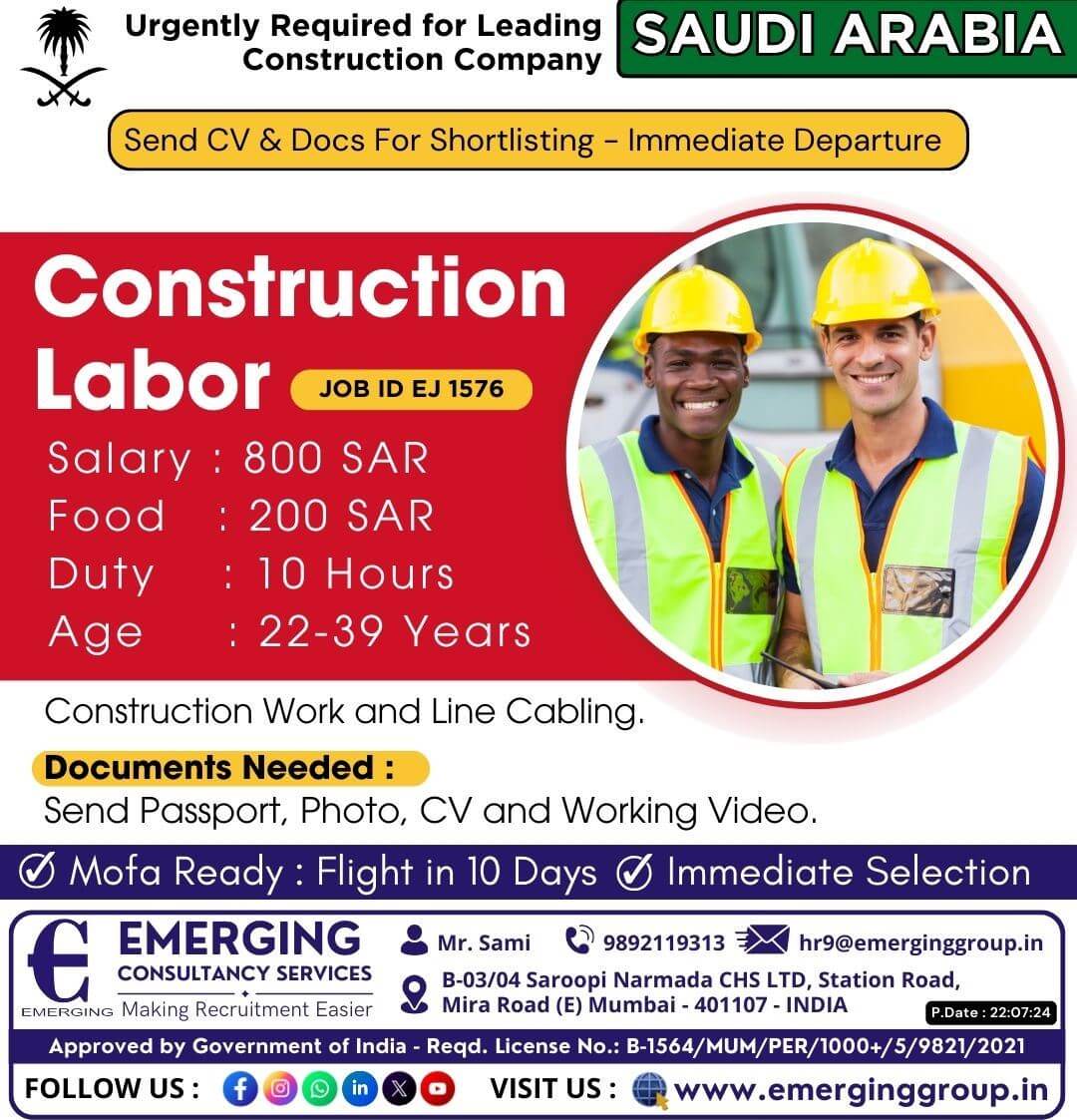 Urgently Required for leading Construction Company in Saudi Arabia