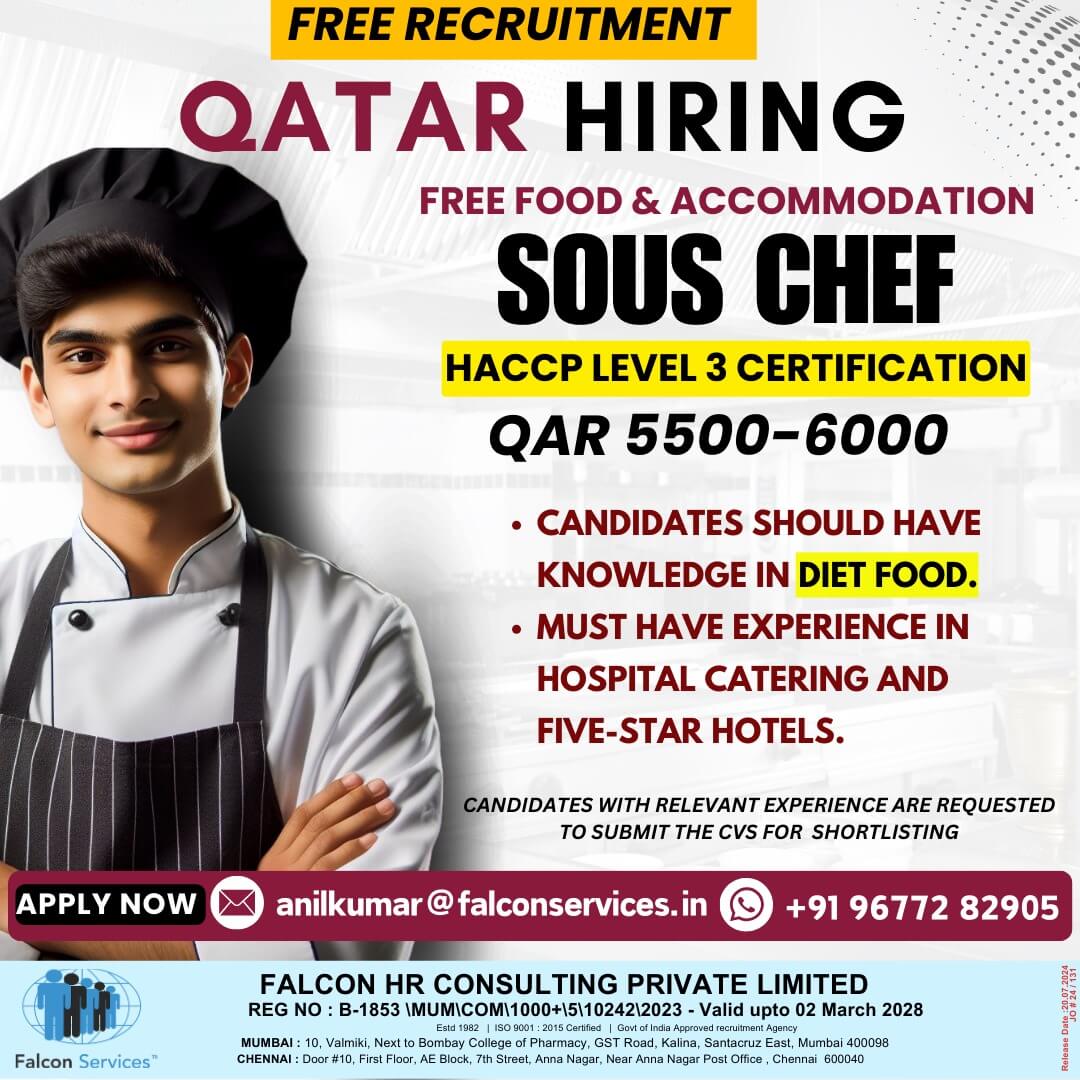 SOUS CHEF REQUIREMENT FOR QATAR