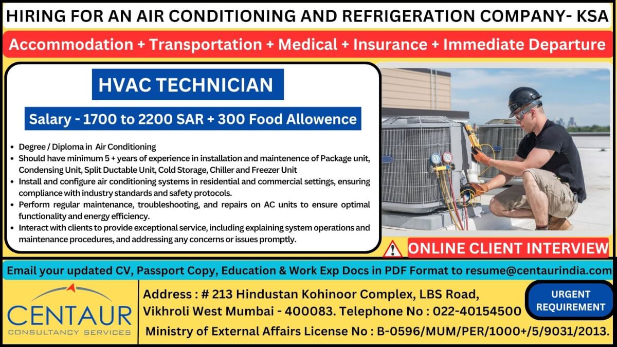 Hiring for an Air Conditioning and Refrigeration Company - Saudi Arabia